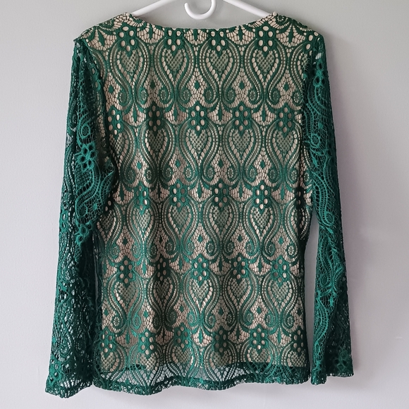 Venus Lace Long Sleeve Plunging V-neck Top Green Nude Large - Picture 5 of 13